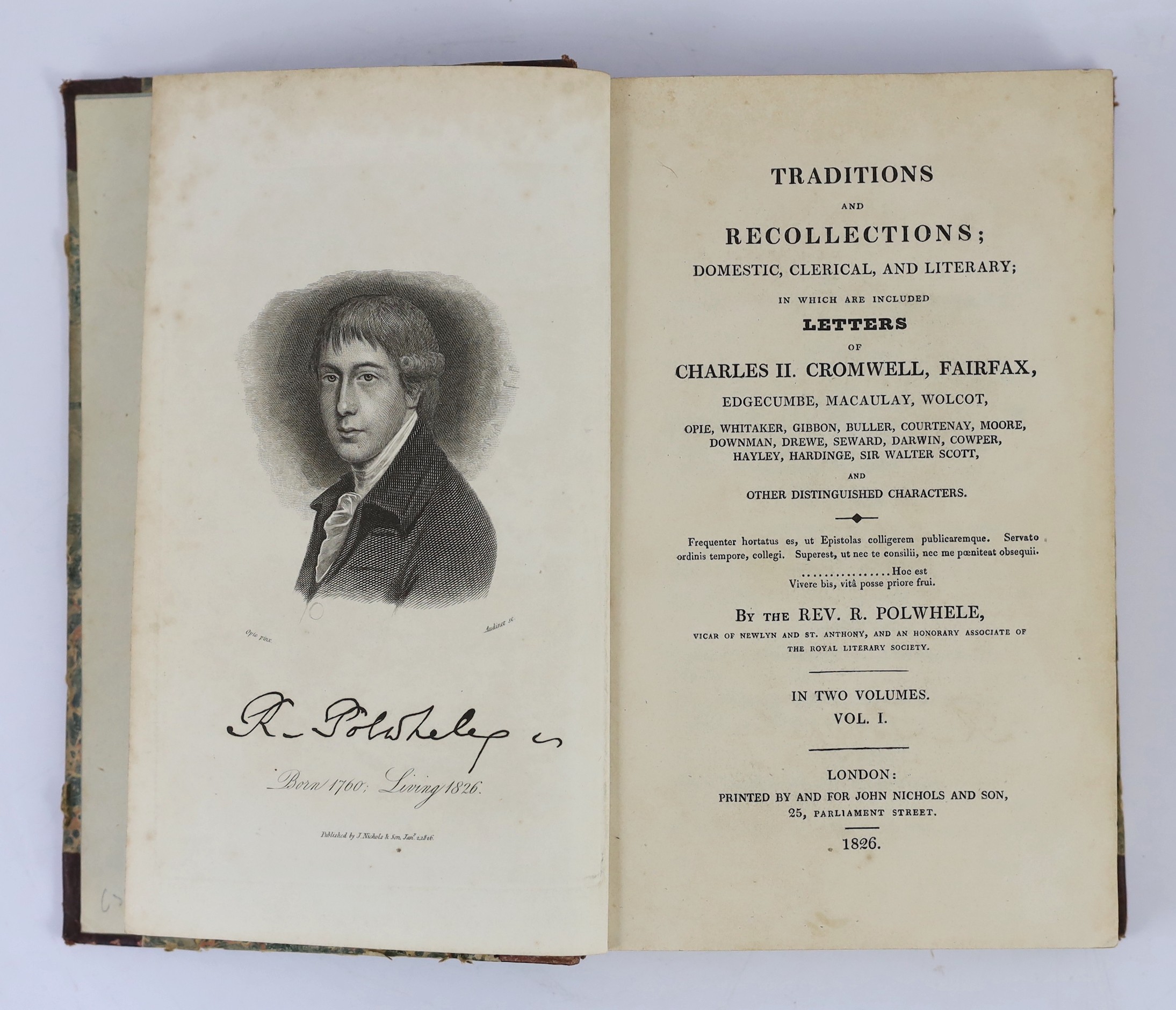 CORNWALL: Polwhele, Rev. R. - Traditions and Recollections; domestic, clerical, and literary ... 2 vols. portrait frontis & 5 folded plates; contemp. gilt maroon half morocco and marbled boards, 1826. (2)